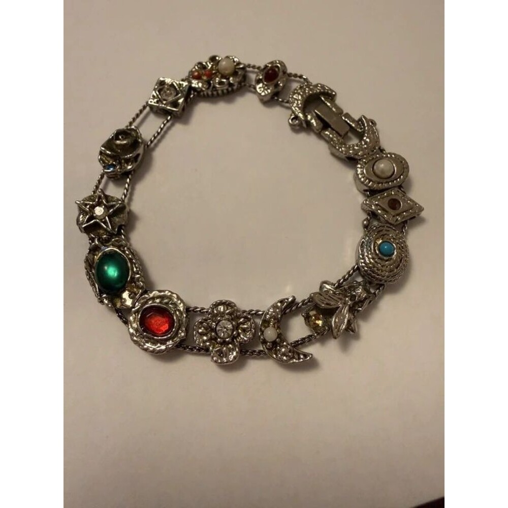 Vintage Goldette Style Silver Slide Charm Bracelet 7.5 Victorian Revival 60s 70s